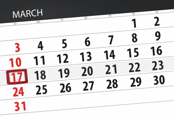 Calendário planejador para o mês de março de 2019, data limite, 17 de domingo — Fotografia de Stock