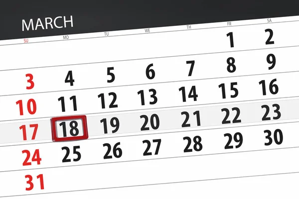 Planificador de calendario para el mes de marzo de 2019, fecha límite, 18 lunes — Foto de Stock