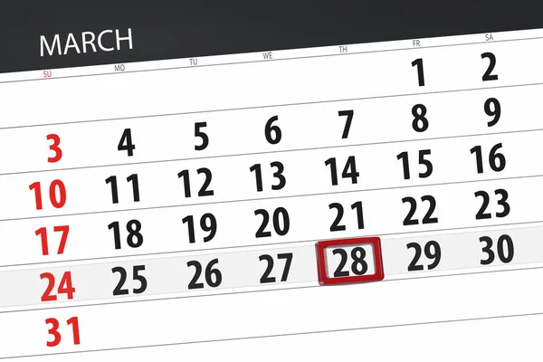 Planificador de calendario para el mes de marzo de 2019, fecha límite, 28 jueves — Foto de Stock