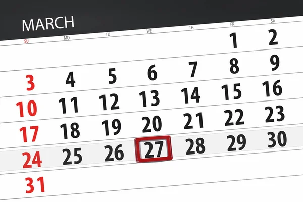 Planner kalendarz dla miesiąca marca 2019, termin dnia, 27 środa — Zdjęcie stockowe