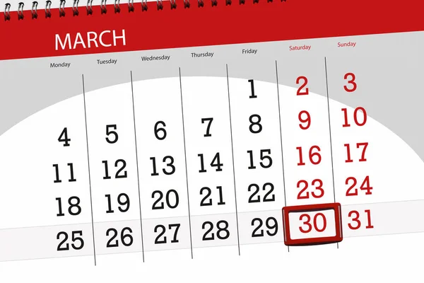 Planner kalendarz dla miesiąca marca 2019, termin dnia, 30 Sobota — Zdjęcie stockowe
