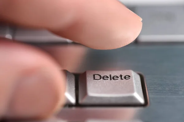 Finger hand presses the Delete button on the keyboard, close-up