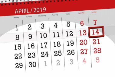 Ay Nisan 2019, son günü, 14 Pazar için takvim planlayıcısı
