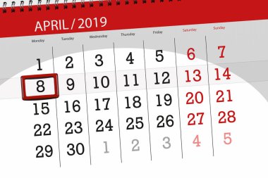 Nisan 2019, son günü, 1 ay için takvim planlayıcısı Pazartesi