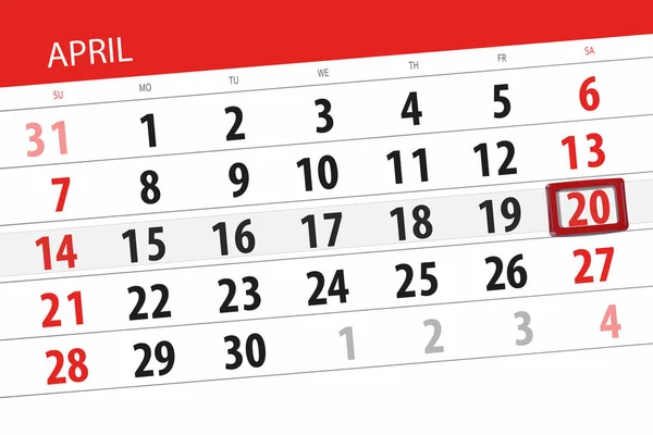 Calendário planejador para o mês abril 2019, data limite, 20 sábado — Fotografia de Stock