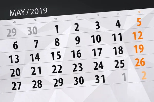 Calendário planejador para o mês de maio de 2019, data limite — Fotografia de Stock