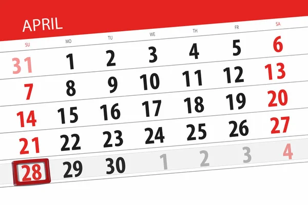 Calendário planejador para o mês abril 2019, data limite, 28 domingo — Fotografia de Stock