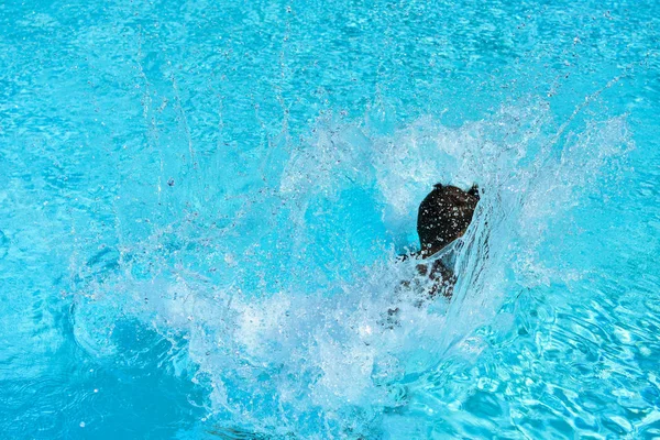 Um homem mergulha na água, salpicos voam, cor azul — Fotografia de Stock