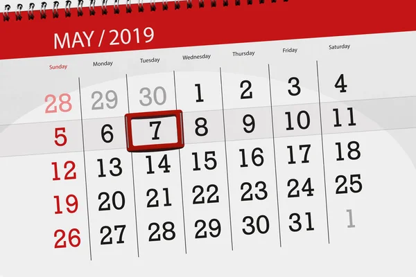 Calendário planejador para o mês de maio de 2019, data limite, 7 terça-feira — Fotografia de Stock