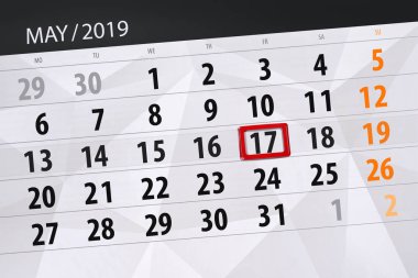 Takvim planlayıcısı 2019, ay Mayıs son gün, 17 Cuma