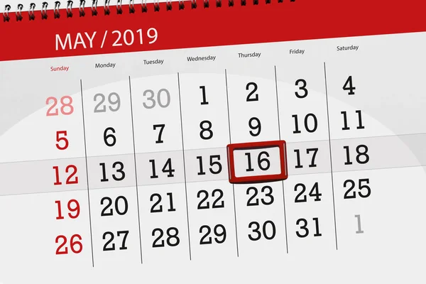 Calendário planejador para o mês de maio de 2019, data limite, 16 de quinta-feira — Fotografia de Stock