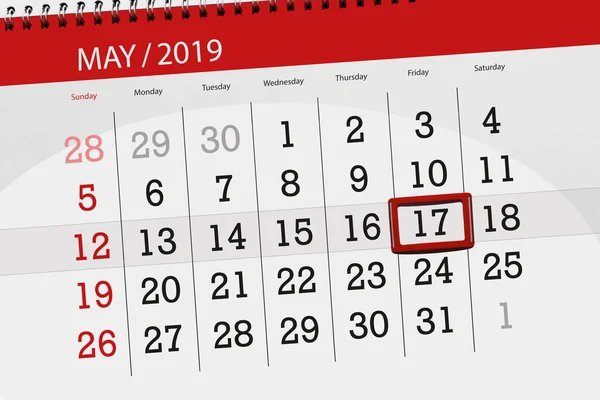 Calendário planejador para o mês maio 2019, data limite, 17 sexta-feira — Fotografia de Stock