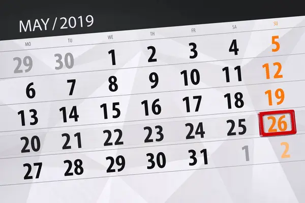 Terminarz kalendarza na miesiąc może 2019, dzień ostateczny, 26 Niedziela — Zdjęcie stockowe