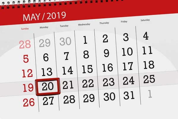 Calendário planejador para o mês de maio de 2019, data limite, 20 segunda-feira — Fotografia de Stock