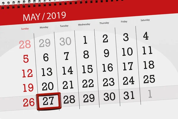 Calendário planejador para o mês de maio de 2019, data limite, 27 segunda-feira — Fotografia de Stock