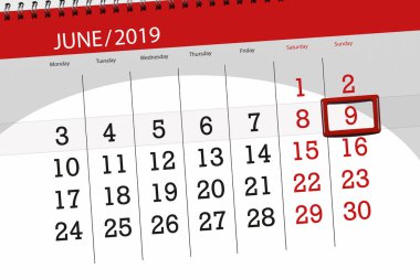 Haziran 2019 ayı için takvim planlayıcısı, son gün, 9, pazar