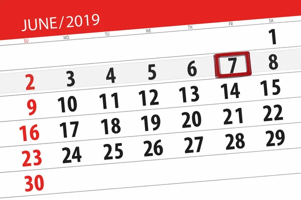 Calendário planejador para o mês de junho de 2019, data limite, 7, sexta-feira — Fotografia de Stock