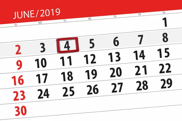 Planificador de calendario para el mes de junio de 2019, fecha límite, 4, martes — Foto de Stock