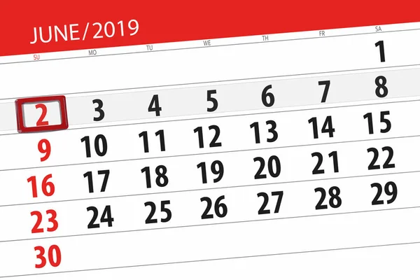 Calendário planejador para o mês de junho de 2019, data limite, 2, domingo — Fotografia de Stock