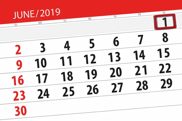 Calendário planejador para o mês de junho de 2019, data limite, 1, sábado — Fotografia de Stock