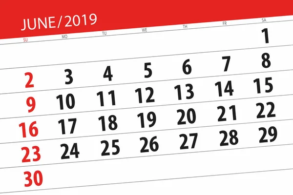 Planejador do calendário para o mês de junho de 2019, data limite — Fotografia de Stock