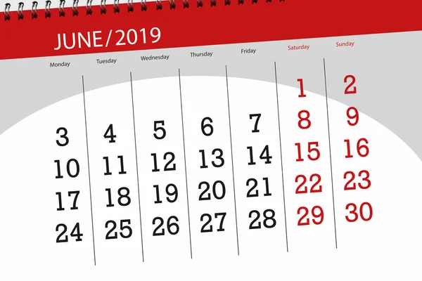 Naptár-tervező a hónap június 2019, határidő nap — Stock Fotó