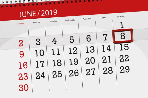 Haziran 2019 ayı için takvim planlayıcısı, son gün, 8, cumartesi — Stok fotoğraf