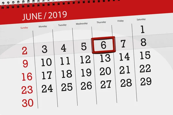 Haziran 2019 ayı için takvim planlayıcısı, son gün, 6, perşembe — Stok fotoğraf