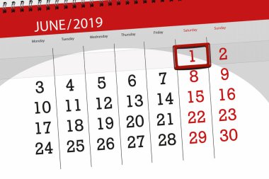 Haziran 2019 ayı için takvim planlayıcısı, son gün, 1, cumartesi