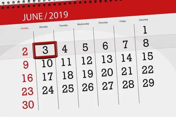 Haziran 2019 ayı için takvim planlayıcısı, son gün, 3, Pazartesi — Stok fotoğraf