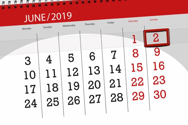 Naptártervező a hónap június 2019, határidő nap, 2, vasárnap — Stock Fotó
