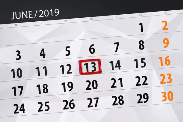 Calendar june 2019, 13, thursday — Stock Photo, Image