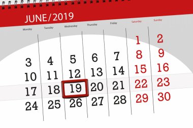 Haziran 2019 ayı için takvim planlayıcısı, son gün, 19, Çarşamba