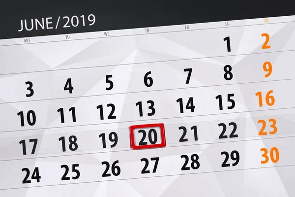 Calendar planner for the month june 2019, deadline day, 20, thursday — Stock Photo, Image