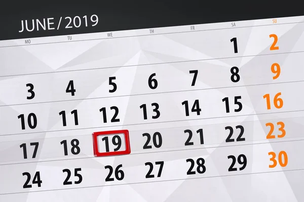 Calendar planner for the month june 2019, deadline day, 19, wednesday — Stock Photo, Image