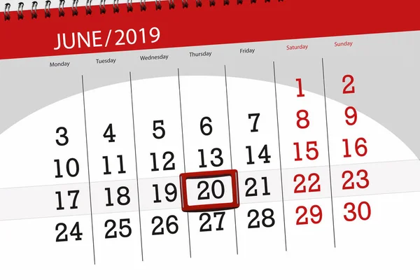 Haziran 2019 ayı için takvim planlayıcısı, son gün, 20, perşembe — Stok fotoğraf