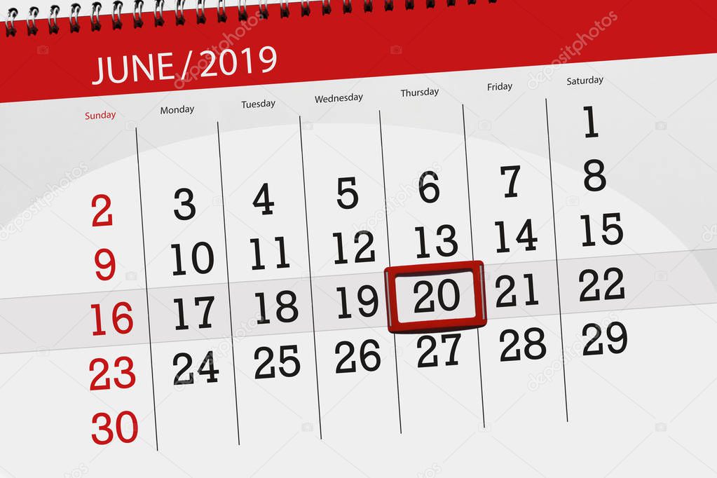 Calendar planner for the month june 2019, deadline day, 20, thursday