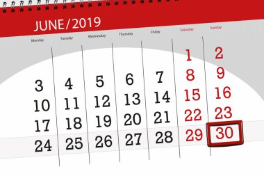 Haziran 2019 ayı için takvim planlayıcısı, son gün, 30, Pazar