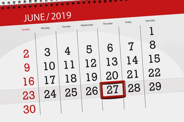 Haziran 2019 ayı için takvim planlayıcısı, son gün, 27, perşembe — Stok fotoğraf