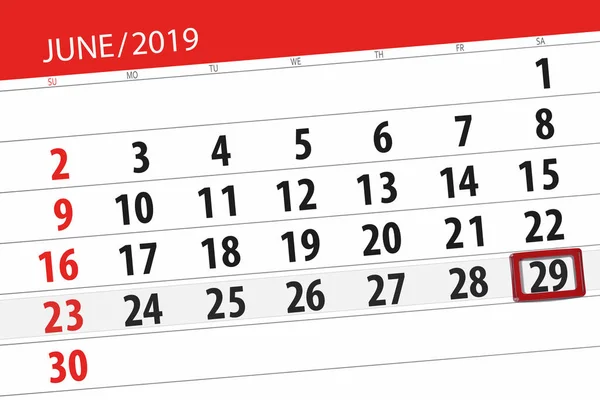 Calendário planejador para o mês de junho de 2019, data limite, 29, sábado — Fotografia de Stock