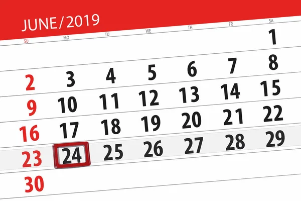 Calendário planejador para o mês de junho de 2019, data limite, 24, segunda-feira — Fotografia de Stock