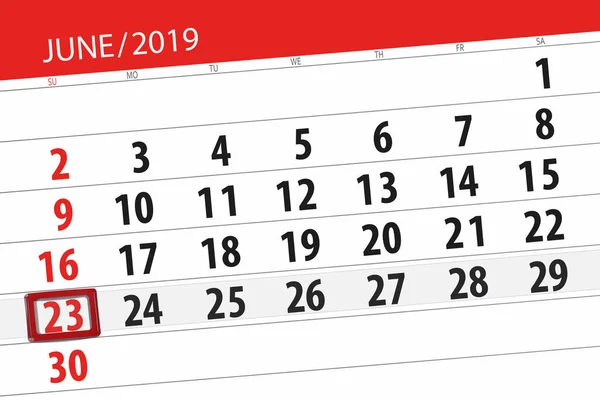 Terminarz kalendarza na miesiąc czerwiec 2019, dzień ostateczny, 23, niedziela — Zdjęcie stockowe