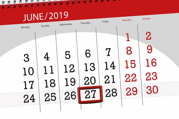 Calendário planejador para o mês de junho 2019, data limite, 27, quinta-feira — Fotografia de Stock