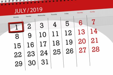 Temmuz 2019 ayı takvim planlayıcısı, son gün, 1 Pazartesi