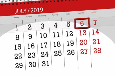 Temmuz 2019 ayı takvim planlayıcısı, son gün, 6 Cumartesi