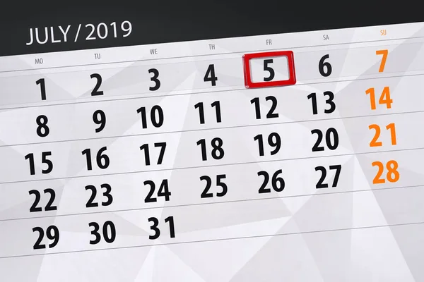 Terminarz kalendarza na miesiąc 2019 lipca, dzień ostateczny, 5 piątek — Zdjęcie stockowe