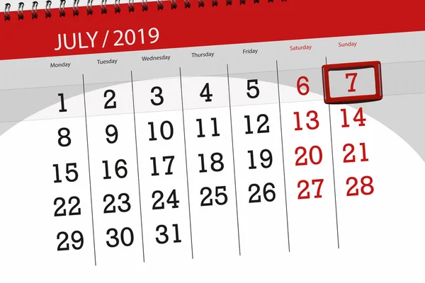 Terminarz kalendarza na miesiąc 2019 lipca, dzień ostateczny, 7 Niedziela — Zdjęcie stockowe