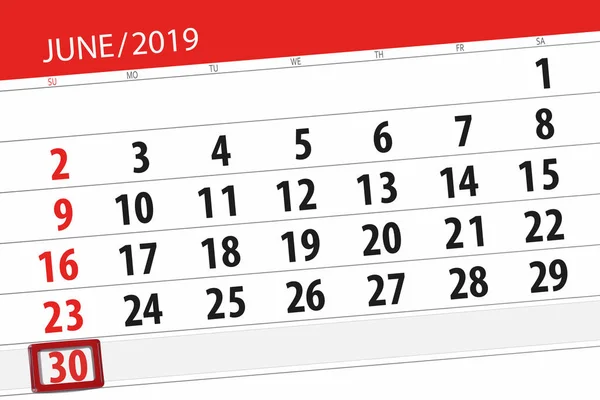 Calendário planejador para o mês de junho de 2019, data limite, 30, domingo — Fotografia de Stock