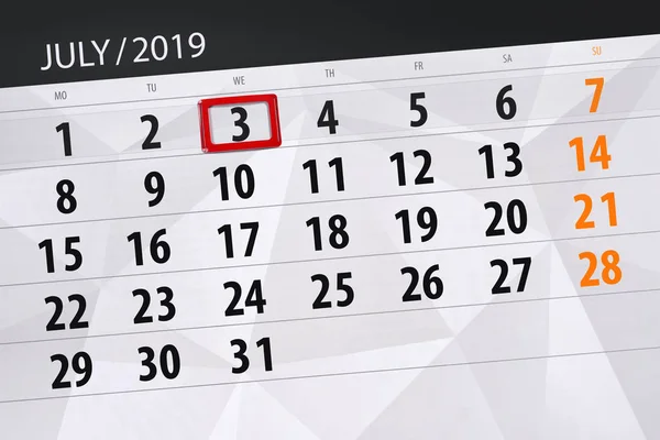 Terminarz kalendarza na miesiąc 2019 lipca, dzień ostateczny, 3 środa — Zdjęcie stockowe