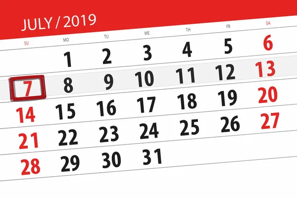 Kalender planerare för månaden juli 2019, deadline dag, 7 söndag — Stockfoto